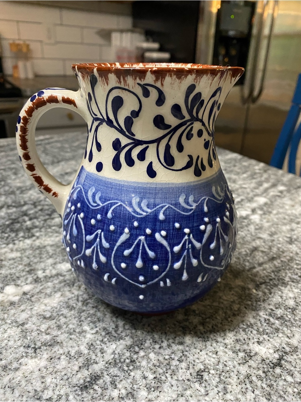 Hand paintrd and thrown vintage pottery pitcher  from Spain